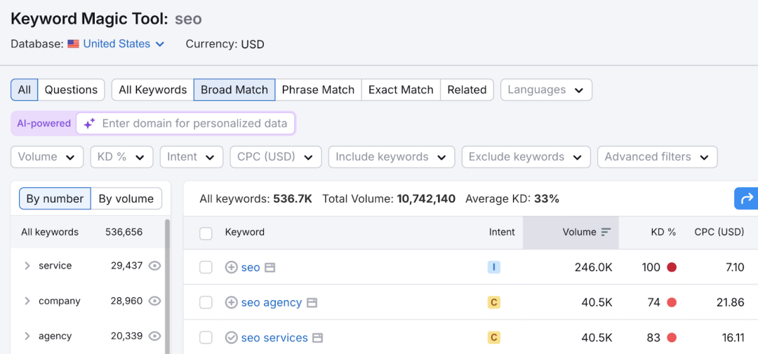 在这个例子中，种子关键词是seo，关键词列表有超过500,000个搜索词。