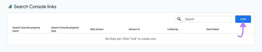 Search Console 链接页面，其中箭头指向“链接”按钮