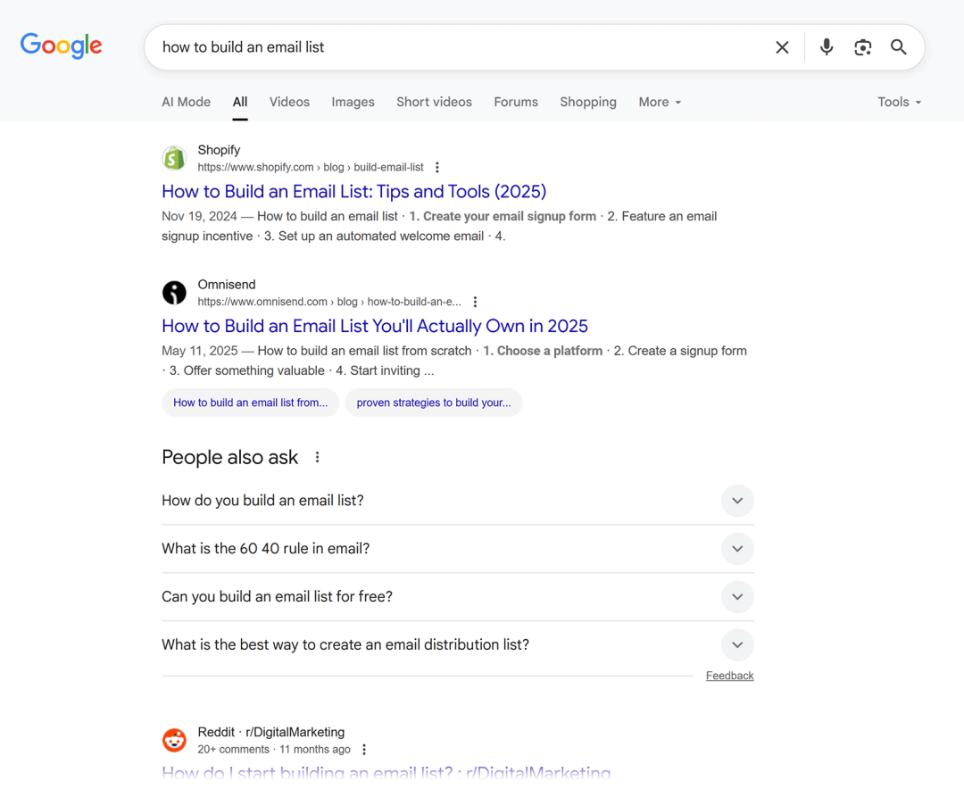搜索“如何建立电子邮件列表”的结果，第一个结果来自 Shopify