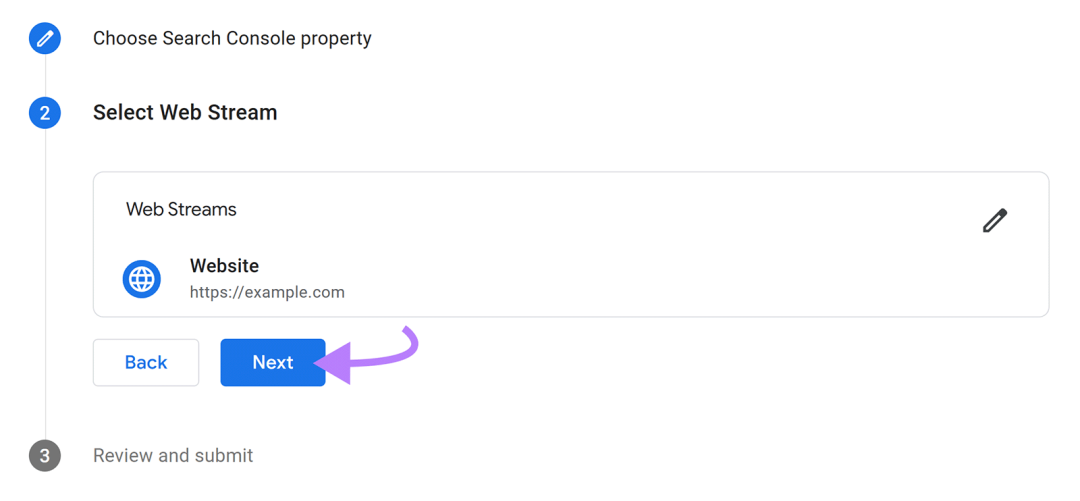 链接流程第 2 步，显示 Web 流和指向“下一步”的箭头