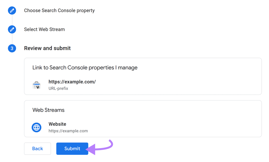 链接流程的最后一步，选择网站并指向“提交”